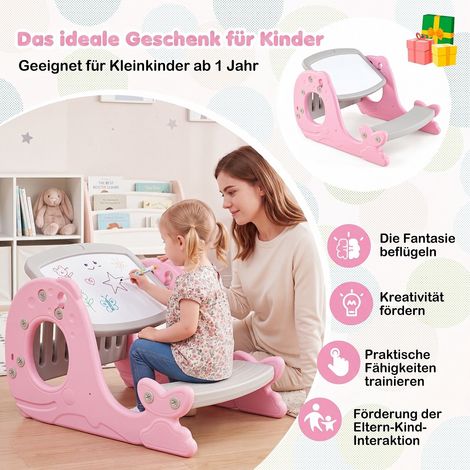 Table d'activités enfant rose avec banc et chevalet réglable, plateau double face et porte-livres pour chambre et école maternelle (1/4)