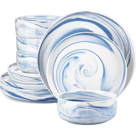 Juego de vajilla de porcelana jaspeada de 24 piezas, apto para microondas y lavavajillas, mármol azul. (1/2)