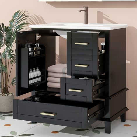 Mobile lavabo 76x46x83,5 cm in MDF e ceramica nero, contenitore bagno – MEUBLIV (1/5)