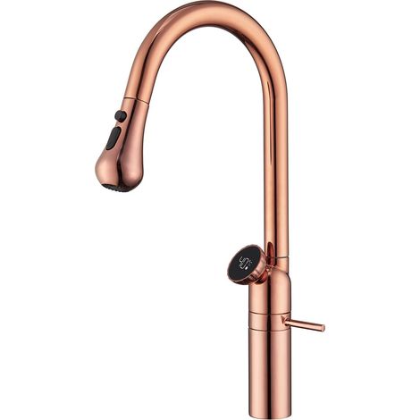 Küchenarmatur-Ausziehbrause, Küchenmischbatterie mit LED-Temperaturanzeige und 3-Modi-Ausziehbrause, 360° drehbarer Hochbogen-Spültischarmatur, Roségold
