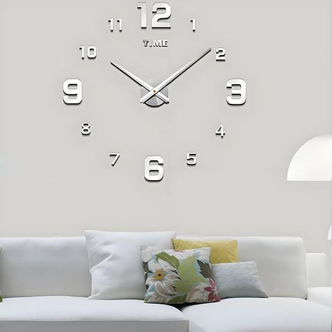 Grande Horloge Murale DIY Silencieuse Moderne Sticker 3D Home Office Decor Cadeau (Argent) (1/5)