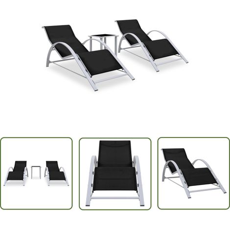 The Living Store Sonnenliegen 2 Stk. mit Tisch Aluminium Schwarz - Gartensonnenliegen - Lounge Möbel - Gartenset - Alu Sonnenschirm - Außenmöbel (1/5)