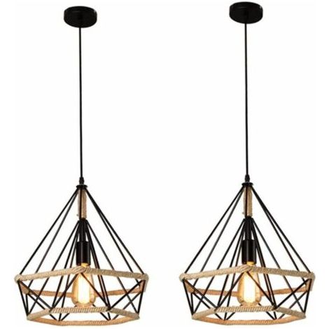 BUNTHAUS 2x Corde de chanvre Cage Lampe de Plafond,Lustre Suspension Industrielle 25cm en forme Diamant Corde de Chanvre Noir, Ensoleillé (1/5)