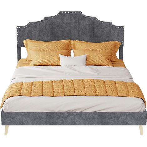 Lit double 140x200 cm gris avec tête de lit géométrique, sommier à lattes, matelas inclus, style moderne pour chambre, en tissu et métal - CHICFURN (1/5)