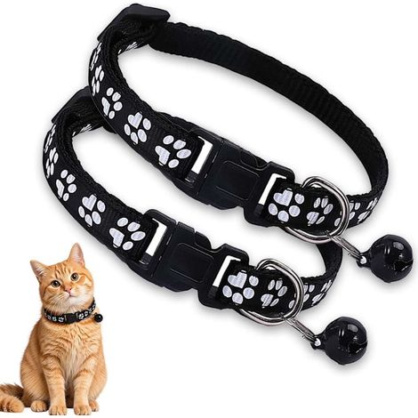 Collier Chat Sécurité Anti-Étranglement, 2 Pièces, Réglable 19-32 Cm, Avec Clochette, Noir, Taille S (1/5)