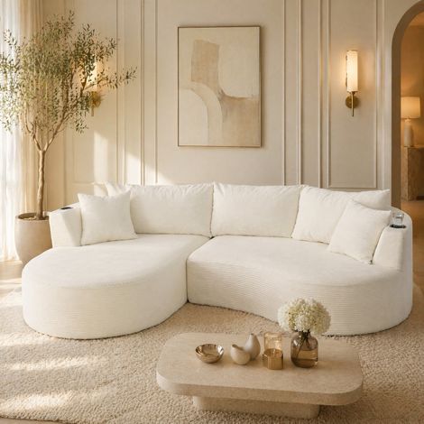 Canapé 3 places beige au design arrondi en tissu côtelé doux avec porte-gobelets et coussins,264x168x76 cm (1/5)