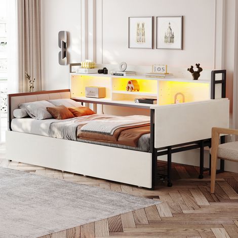 Lit simple métal 90x200cm blanc,éclairage LED + rangement/tiroirs + douille multifonction,dossier moelleux + bureau pliant