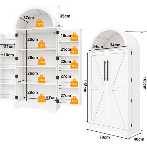 Armoire haute bombée 165x70x40cm, meuble de cuisine et vitrine à vin, avec étagère au-dessus de la porte et partie supérieure ouverte idéal pour cuisine, salle à manger, salon et chambre, blanc. (1/5)