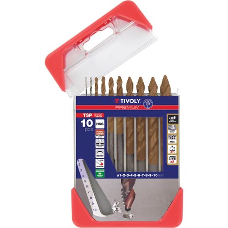 Tivoly - Set mit 10 HSS-Metallbohrern abgestufte beschichtete FUSIO Spanungsbohrung Ø 1 bis 10 mm PREMIUM (1/2)