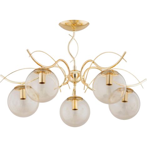 Plafonnier doré boules ambre verre 5xE14 Panda Alfa (1/3)