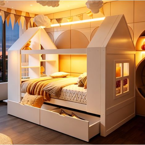 Cama infantil 90/200 cm blanca con diseño de casa, LED, 2 cajones y almacenaje lateral (1/5)