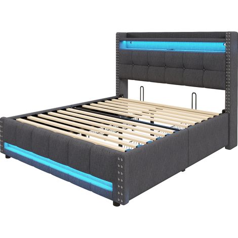 Cama tapizada 140 x 200 cm gris con LED, puerto USB, cabecero con almacenaje y cajones (1/5)