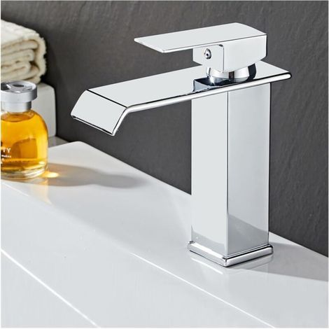 TAISHENGDA-Robinet de salle de bain cascade court à bec droit argenté avec tuyau d'arrivée de 60 cm Robinet d'eau chaude et froide à bec large de style européen pour lavabo/évier (1/5)
