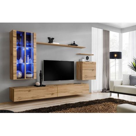 Ensemble mural - Switch XII - 2 vitrines LED - 2 bancs TV - 1 vitrine carrée - 3 étagères - Bois - Livraison gratuite