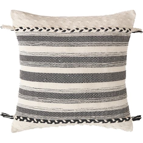Housses de coussin décoratives bohèmes avec pampilles, 45,7 x 45,7 cm, housse de coussin tissée à rayures neutres pour décoration d'intérieur, chaise de style rustique, canapé, chambre (1/5)