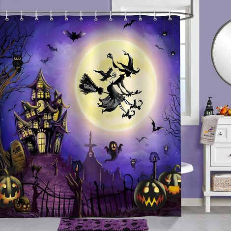 Rideau de douche Halloween Château Lune Sorcière Tissu Polyester Anti-moisissure Imperméable Lavable 180x180cm avec 12 crochets pour baignoire (1/5)