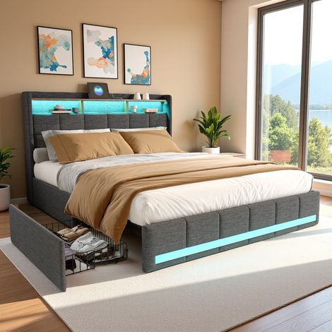 Dans Les Nuages – Lit adulte 140x200 cm avec 4 tiroirs – Éclairage LED réglable – 2 ports USB et 1 Type-C – MDF et métal – Design moderne gris (1/5)
