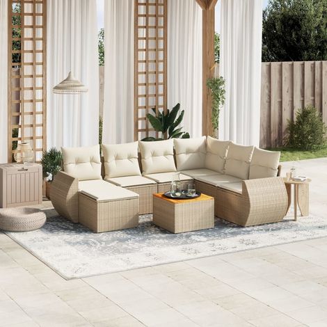 Ensemble Salon Jardin Résine Tressée Beige 8 Places avec Coussins - Canapé d'Angle, Sièges Centraux, Table Acacia et Repose-Pieds Modulable (1/5)