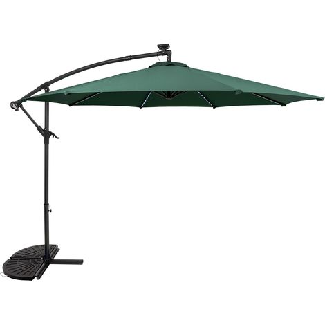 Parasol Jardín Excéntrico LED Solar 3 m Verde con Base de Resina 2 Piezas y Funda – Sombrilla Colgante Exterior con 104 Luces, Mástil Lateral, Manivela para Terraza, Patio y Jardín