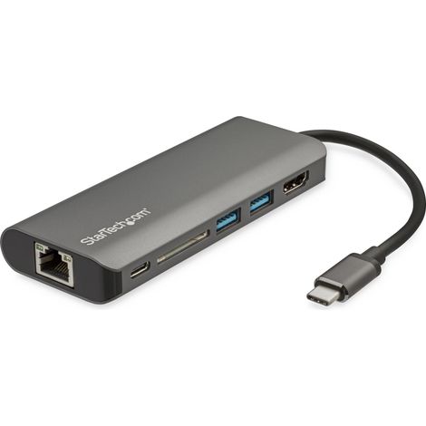 StarTech.com Adattatore multiporta USB-C - Dock da viaggio USB tipo C a HDMI 4K, 3x USB 3.0 hub, SD / SDHC, GbE, pass-through PD 3.0 da 60W - Mini docking station USB tipo C portatile USB Type-C / Thu (1/4)
