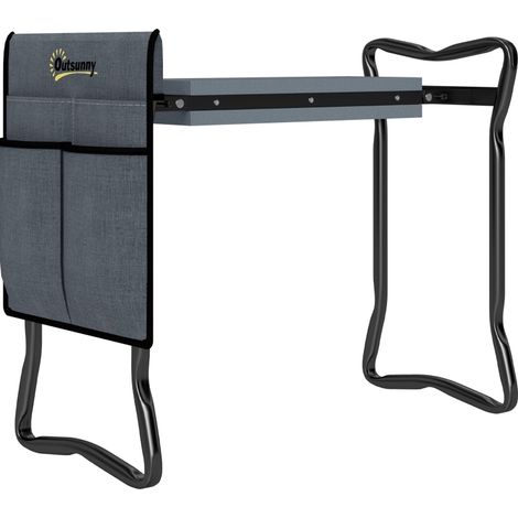 Banc pliant de jardin avec coussin genouillère et sac à outils – acier gris 58x28x49 cm, charge 150 kg (1/5)