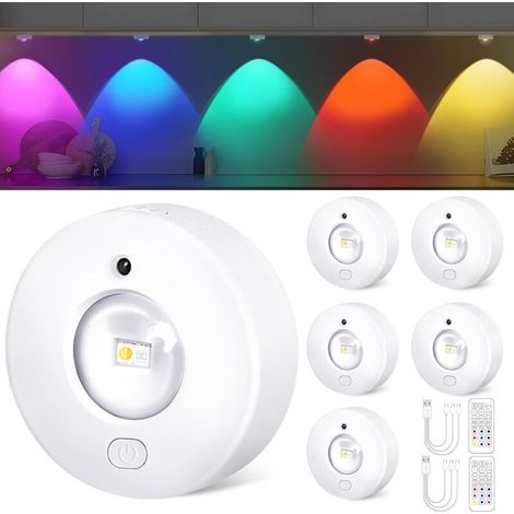 RGB Rechargeable Spot Led Sans Fil avec télécommande, 13 couleurs et batterie 1500mAh, variateur et minuterie, pour cuisine, placard et chambre à coucher, Armoires (paquet de 6)