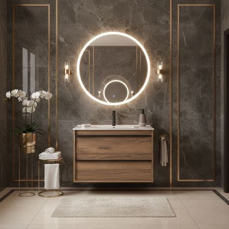 Meuble de salle de bain suspendu 80 cm avec lavabo en céramique et 2 tiroirs en noyer Maya – Urban