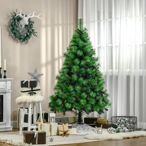 Schmückter und feuerfester Weihnachtsbaum für den Innenbereich mit 782 Zweigen, Tannenzapfen und Metallfuß, aus PE und PVC, Ø 116 x 180 cm, Grün
