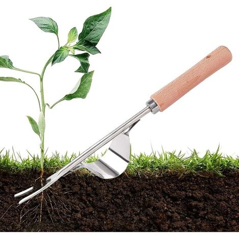 Desherbant Gazon,Desherbant liseron,Désherbeur Manuel en Acier Inoxydable, Outil Gouge de Désherbage en Poignée Bois Outil De Jardinage Pissenlit Y-Shape Manuelle Désherbage Racine Fourche-INHHUB (1/5)