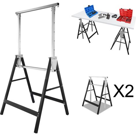 Jiubiaz Lot de 2 tréteaux de chantier réglables 80-130 cm, tréteaux pliants en acier, support de travail noir/zinc (1/5)