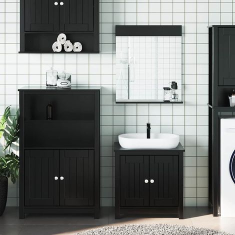 Ensemble meuble de salle de bain 3 pièces noir en pin massif avec miroir et rangements - PANGIVO (1/5)