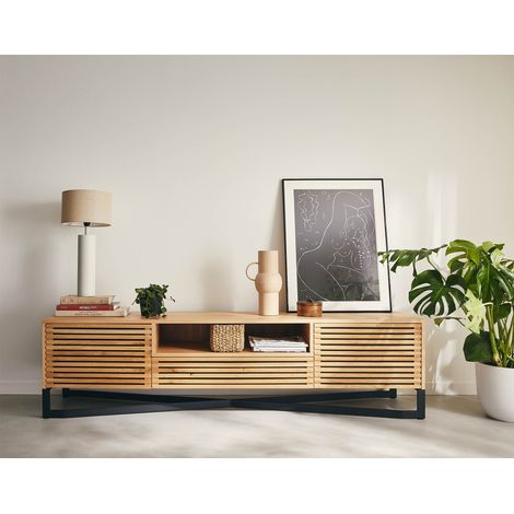Lisa Design – Meuble TV en chêne 200 cm – Style industriel – 2 portes et 1 tiroir – Pieds en métal noir – Résistant à l'humidité et aux rayures