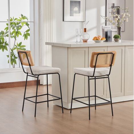 REDOM - Set di 2 sgabelli da bar, schienale ergonomico, senza braccioli, tessuto chenille, effetto rattan, avorio (1/5)