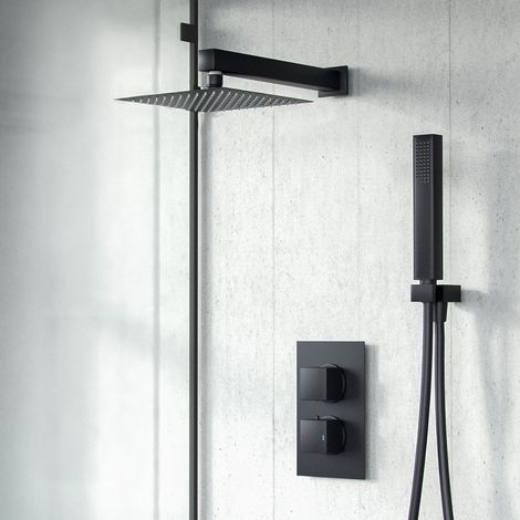 Temel 2 Dial 2 Way Thermostatic Mixer Valve, 200mm Shower Head, Handset Shower Set Matte Black (1/5)