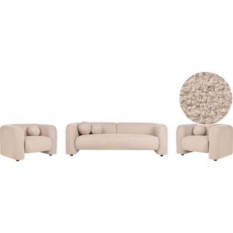 Set da salotto composto da divano a 5 posti e 2 poltrone in tessuto bouclè beige con cuscini aggiuntivi Leiren
