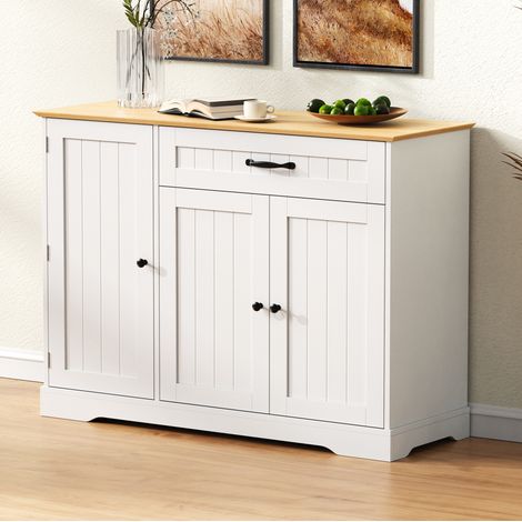 Aparador moderno de 3 puertas y 1 cajón, MDF blanco y natural, 107 x 40 x 83,4 cm, OKWISH (1/5)