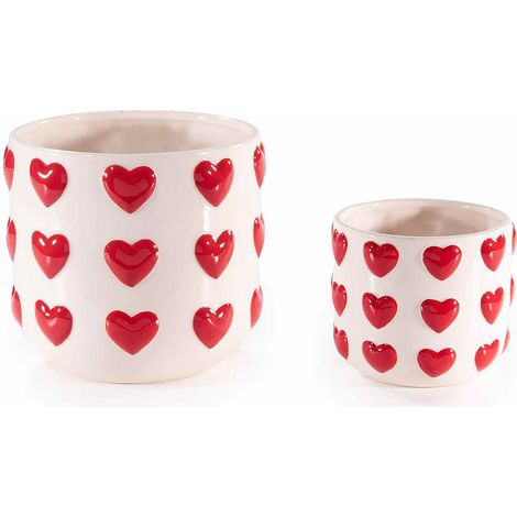 Vasi in ceramica bianca con cuori rossi in rilievo, per San Valentino e festa della mamma, set da 2 pezzi, Grande: Ø 16 cm x 15 H
