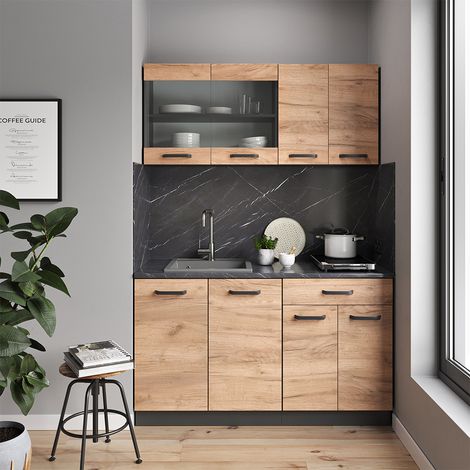 Cucina completa R-Line, Rovere dorato/antracite, 140 cm senza piano di lavoro, Vicco (1/5)