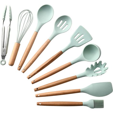Juego de 9 utensilios de cocina antiadherentes de silicona y madera, cuchara y espátula resistentes a altas temperaturas y libres de BPA para hornear. (1/5)