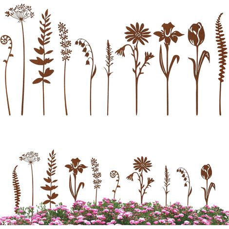 Piquet De Clôture - 10 Pièces - Métal Oxydé - Décoration Rustique - Jardin Terrasse Balcon - Bordure De Fleur (1/5)