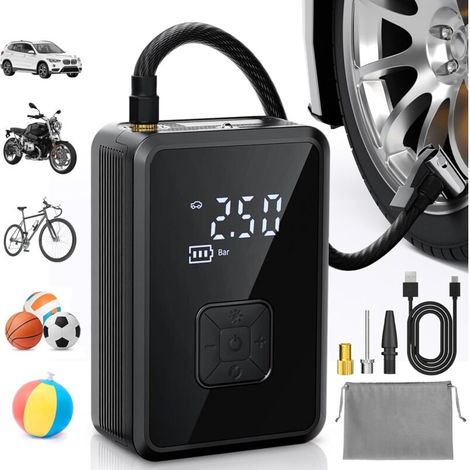 Gonfleur Pneus Voiture sans Fil Mini Compresseur à Air Portatif 150 PSI (10,3 Bar) Inflation Rapide Cylindre 17 mm Type-C USB Charge avec Tuyau de 30 cm et Sac de Rangement (1/4)