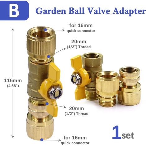 Raccord rapide à bille en laiton 16 mm (1/2") pour tuyau d'arrosage, avec rallonge et vanne d'arrêt. (1/5)