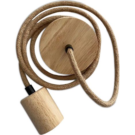 Privatefloor – Câble de lampe suspendue en jute et bois 200cm – Douille E27 – Compatible avec abat-jour en rotin et bambou – Suspension d'extérieur (1/3)