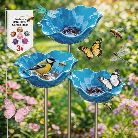 Lot de 3 bains d'oiseaux en métal avec fleurs, brochettes de jardin artisanales, bains d'oiseaux et abreuvoirs anti-insectes résistants à l'hiver, bavoirs de jardin et de terrasse (lot de 3). (1/5)