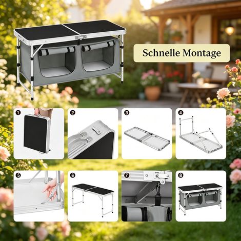 Table de jardin pliante, table de camping avec sac de rangement suspendu, table de pique-nique à pieds réglables