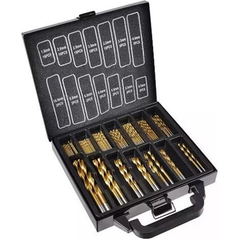 Kit de 99 forets hélicoïdaux HSS à denture fine et revêtement titane pour la construction et le travail du bois (1/5)