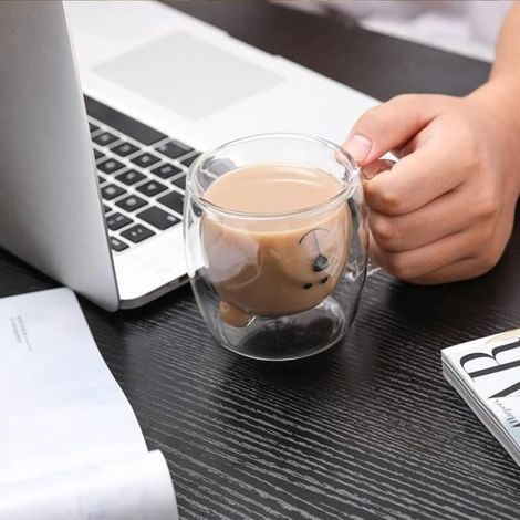 Tasse de Café Double Paroi, Coupe en Verre Sapin Noël en Verre Petit ours Motif Le Lait Coupe Cadeau (Bear) (1/4)