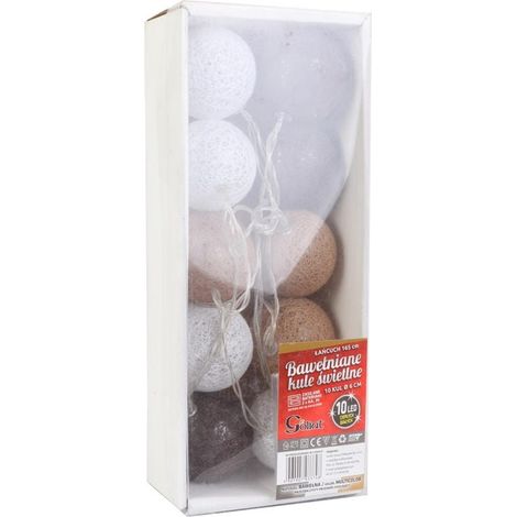 Sfere LED in cotone, 10 pezzi, 6 cm, marrone-bianco con cavo da 165 cm, luce bianca calda, alimentate da 2 batterie AA. (1/5)