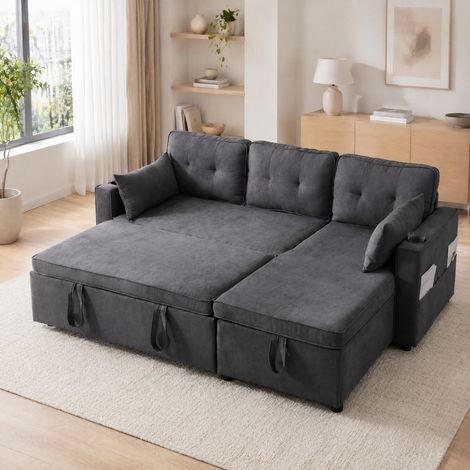 Divano angolare convertibile 211x129,5x86 cm in tessuto grigio, con contenitore FloraGrace (1/5)
