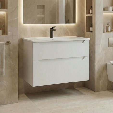Meuble vasque suspendu 85 cm blanc 2 tiroirs ELYO (1/4)